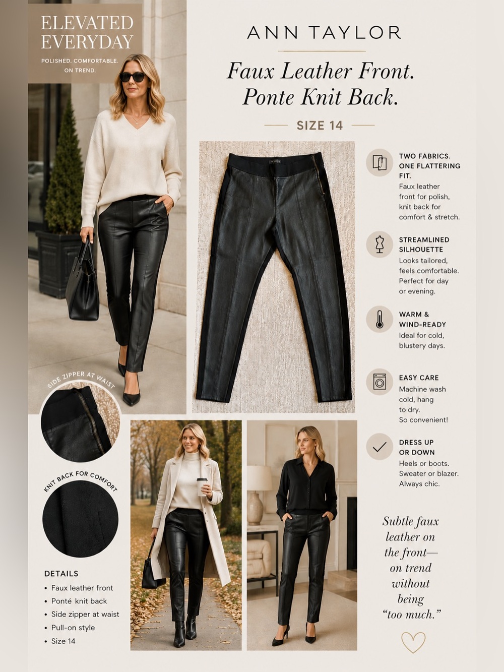 Ann Taylor Faux Leather and Ponte Knit Skinny Pants - Black - Size 14
